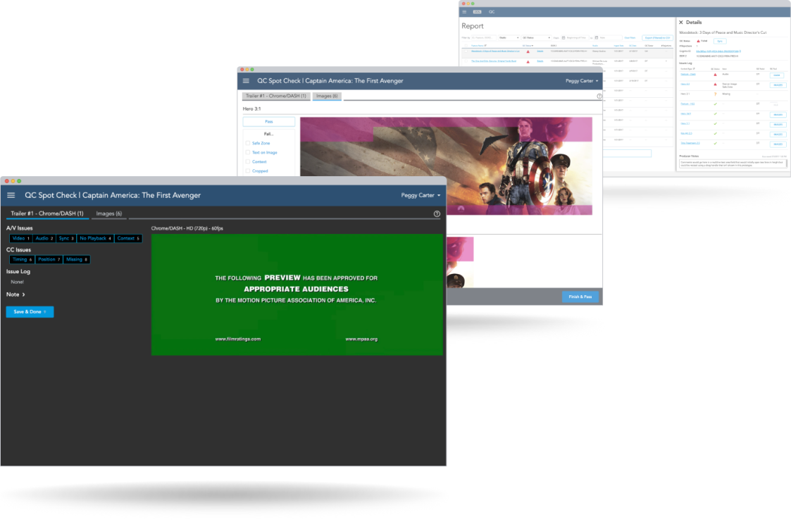 Composite of QC Screening Room desktop application screens