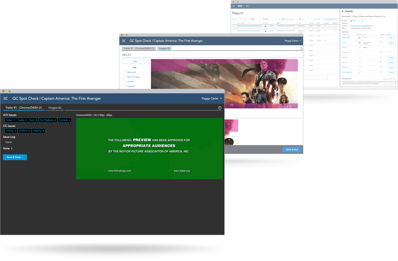 Composite of QC Screening Room desktop application screens