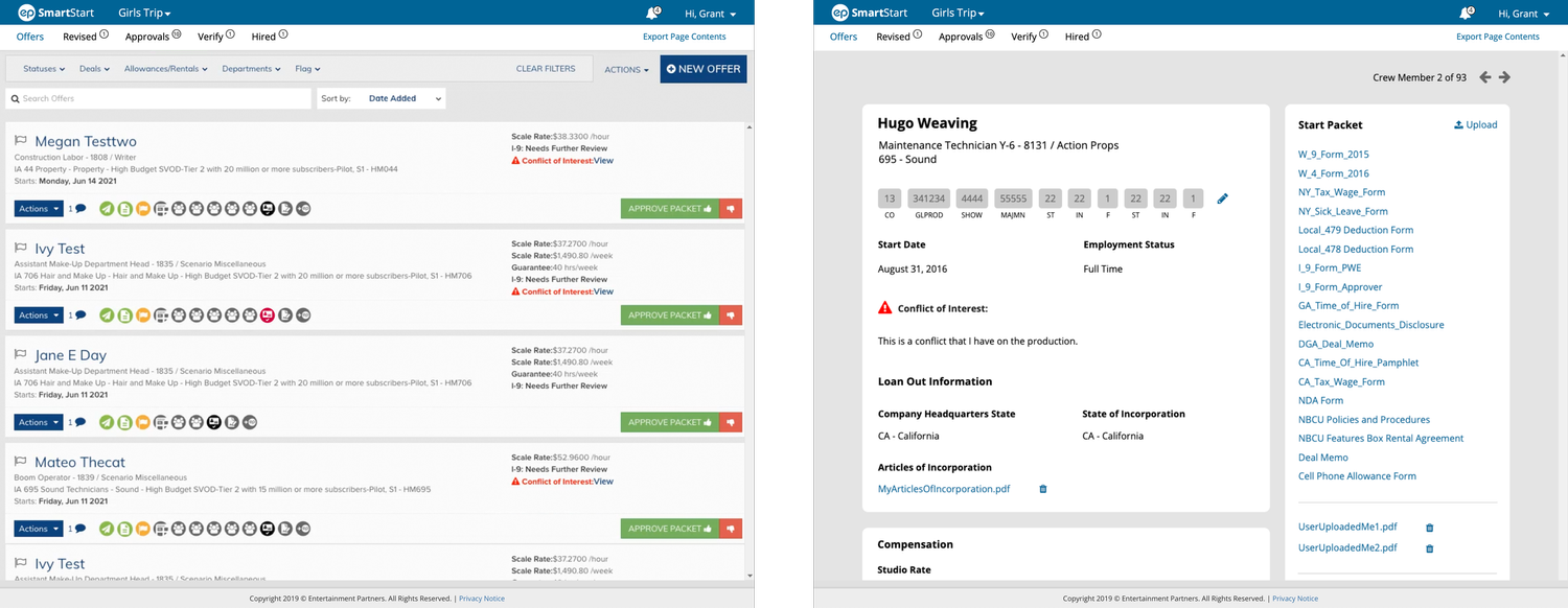 Screenshots of two web pages from Entertainment Partner's SmartStart Product, showing offers for various crew on the left, and offer details for Hugo Weaver in the Crew Drill Down on the right.