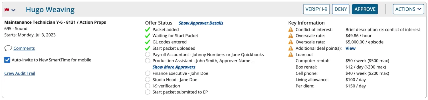 Screenshot of two different crew cards in an interim design state. They show various approval statuses, key info, and key concerns including conflicts of interest, overscale rates, and box rental costs.