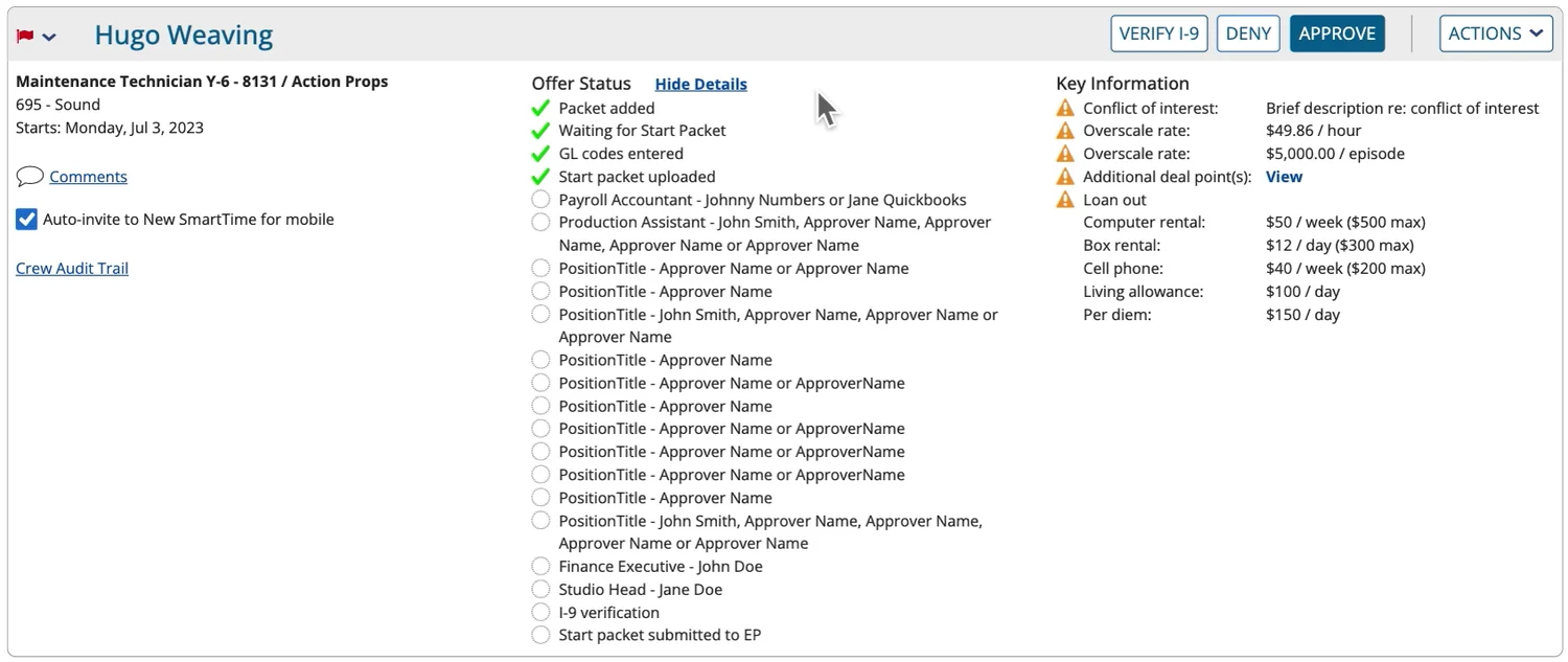 Screenshot of two different crew cards in an interim design state with action menus expanded.