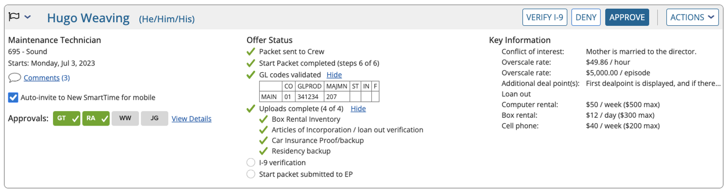 SmartStart Roster dashboard showing multiple crew cards, each of which depicts a reorganized view of information, including start date, offer status, key information, and approval actions for five sample employees.