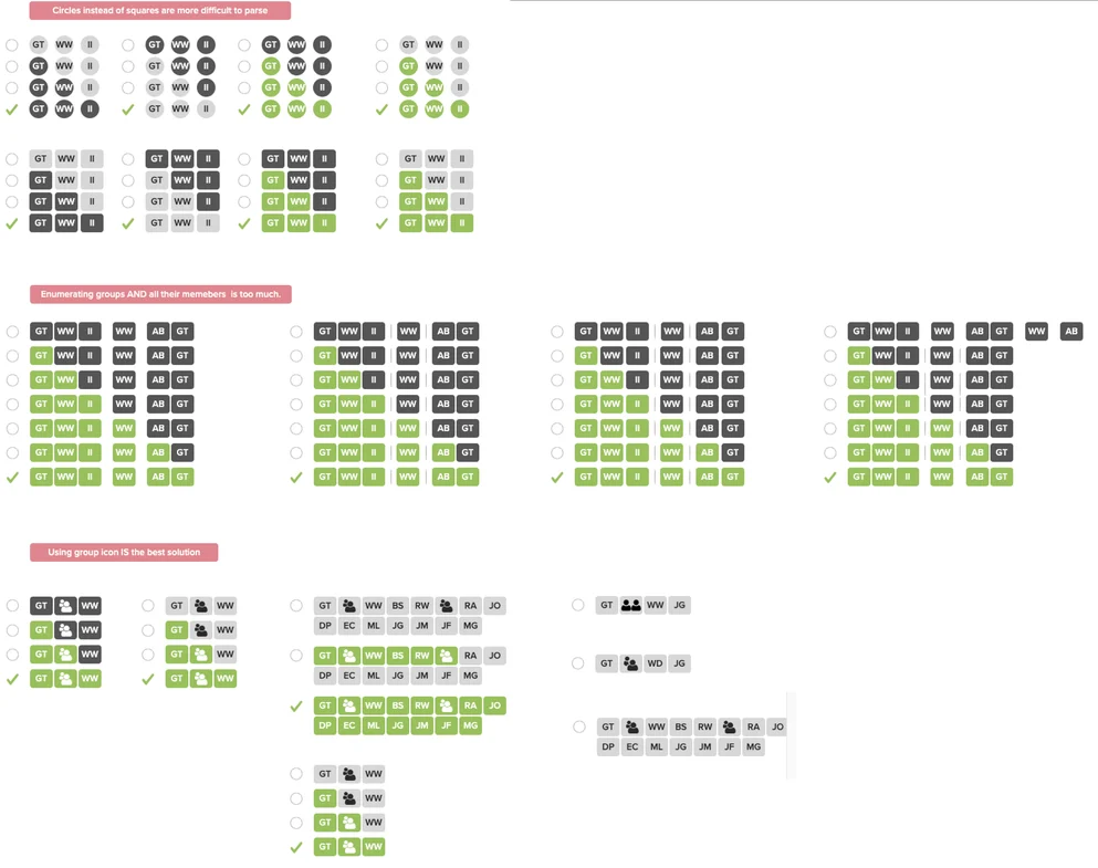 Design exploration to test if round approval icons are really the best use of space for readability and aesthetics. This shows a move to rounded-rectangles and different color treatments.