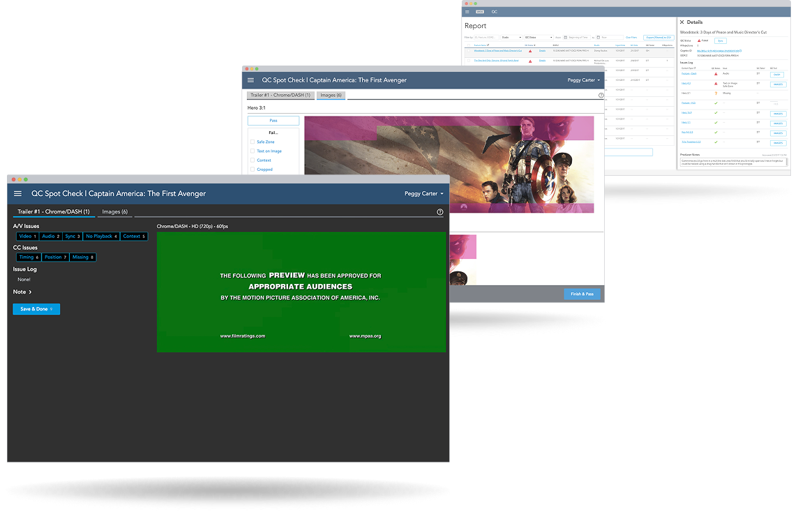 Disney MoviesAnywhere QC screening room desktop application mockups with video review panel
