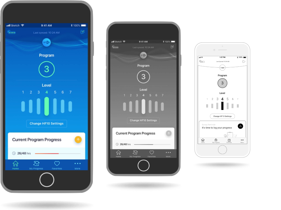 Nevro HFXiQ mobile app program control screens shown on three phone mockups