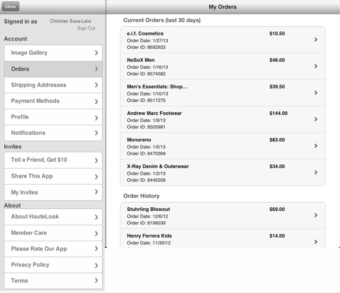 Old iPad orders screen