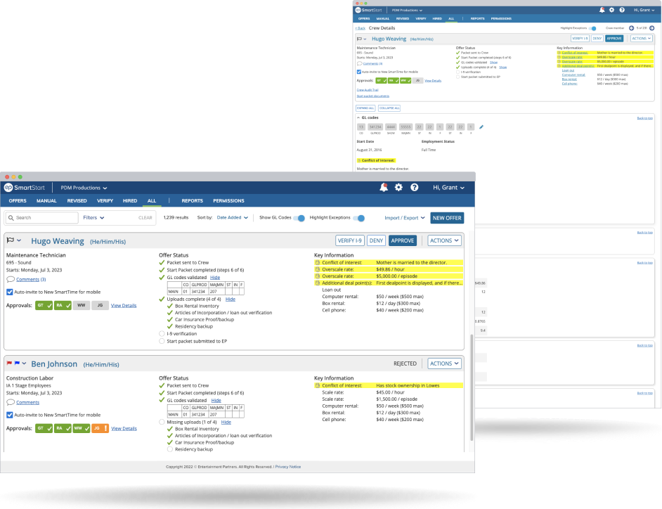 EP SmartStart roster list and crew drilldown interface mockups on desktop browser windows